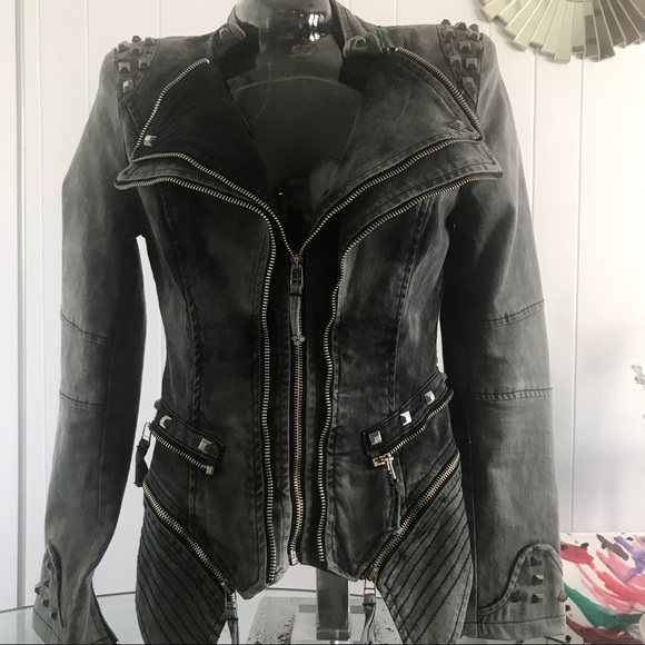 Jackets & Blazers - Denim Studded Moto Jacket Zipper Accents
